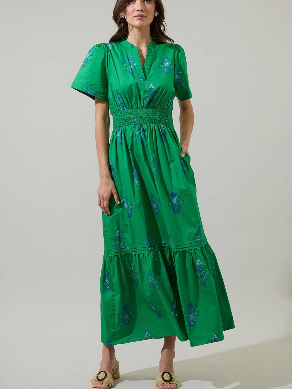 NWT Sugarlips Green Maxi Dress with Blue Floral Accents